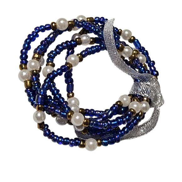 Blue Beaded Faux Pearl Bracelets Gold Accents Set of 6 Tied Silver Ribbon Gift - Picture 1 of 4
